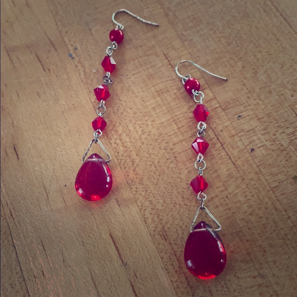 Long Red Jewel Dangle Earrings